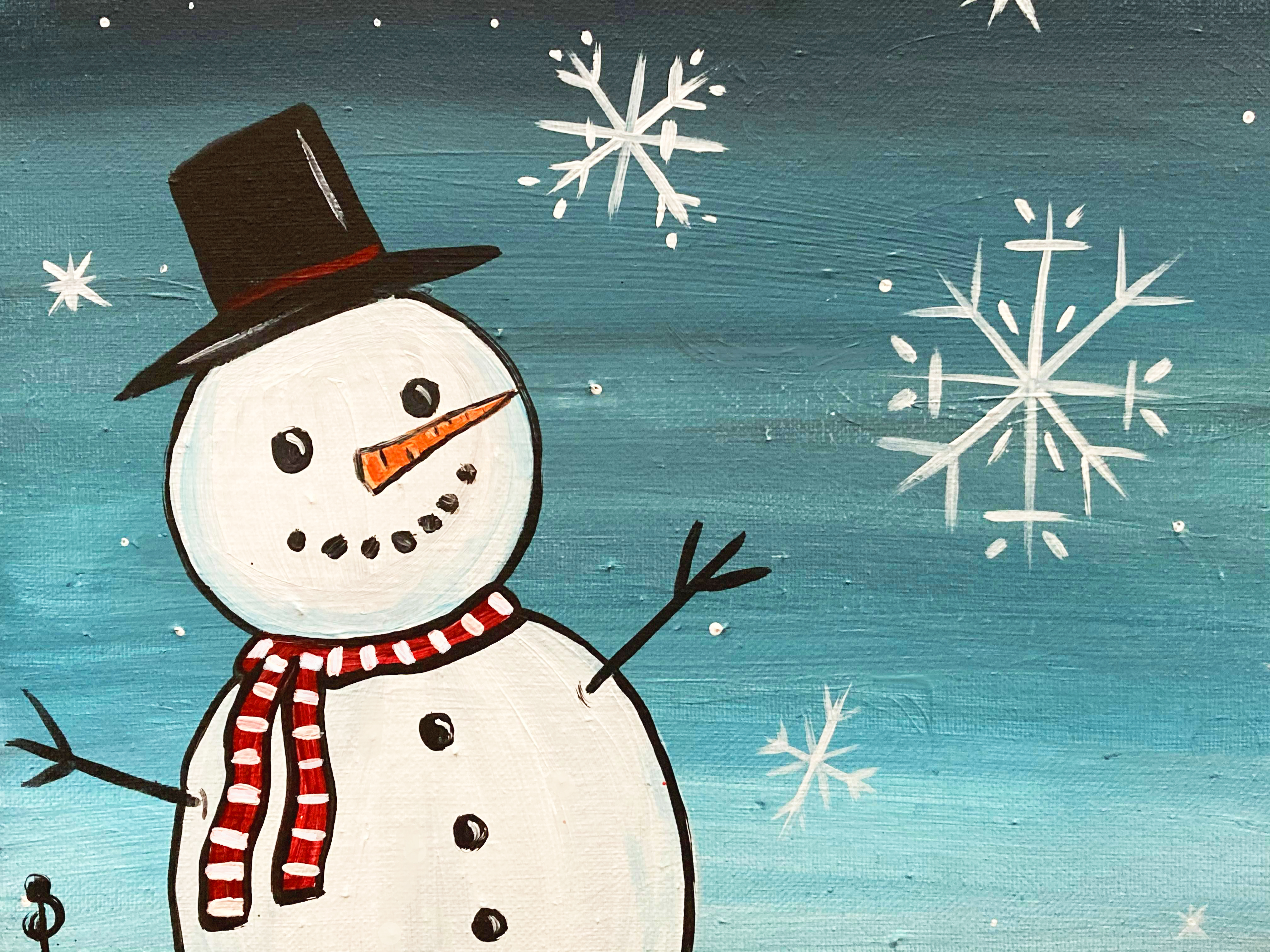 Simple Snowman acrylic painting by Skye Pratt