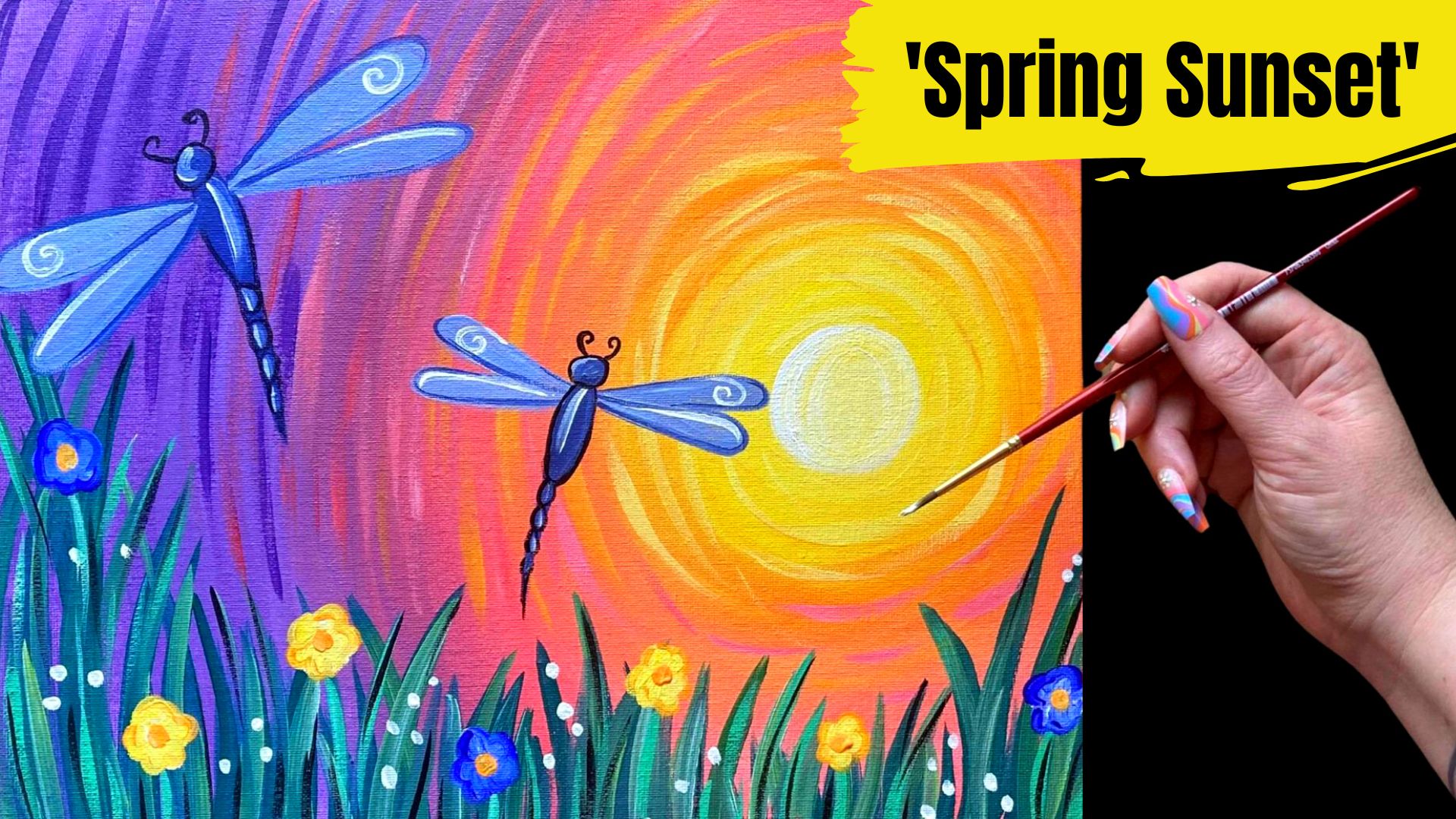 💐 EP153 ‘Spring Sunset’ easy dragonfly springtime acrylic painting ...