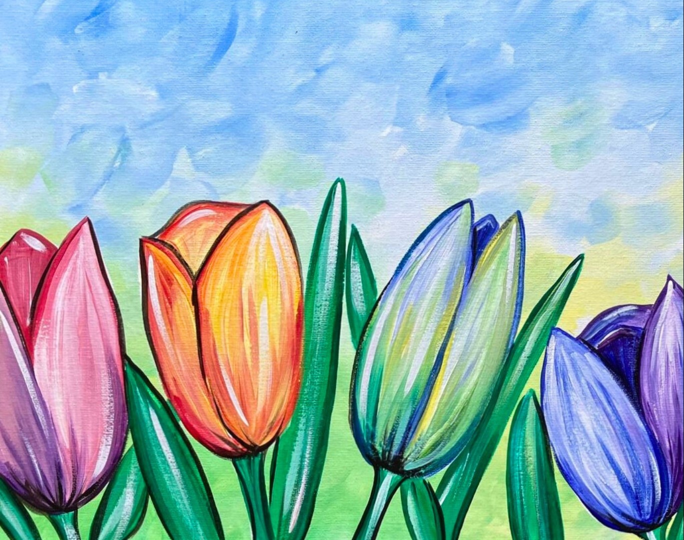 💐EP202- ‘Rainbow Tulips’ easy spring tulip painting acrylic tutorial ...