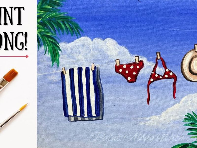 EP245- ‘After The Beach’ easy acrylic bikini and towel hanging on a clothesline painting&nbsp;tutorial