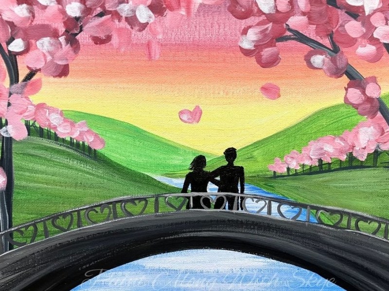 Ep259 – ‘Lovers’ Bridge’ easy Valentine’s Day spring bridge lovers’ silhouette painting&nbsp;tutorial
