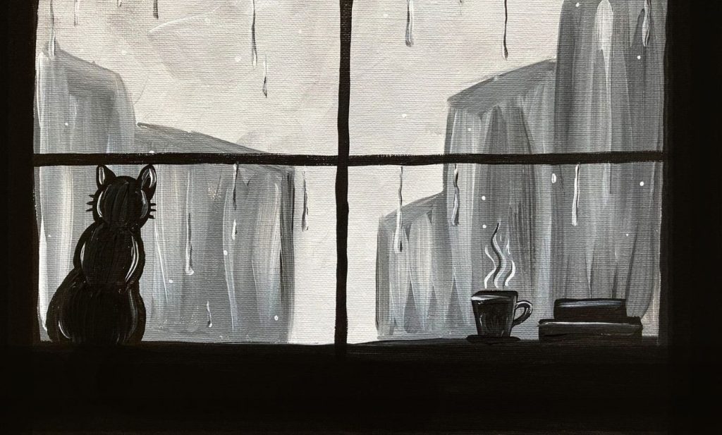 Cat in a Rainy Window acrylic painting by Skye Pratt